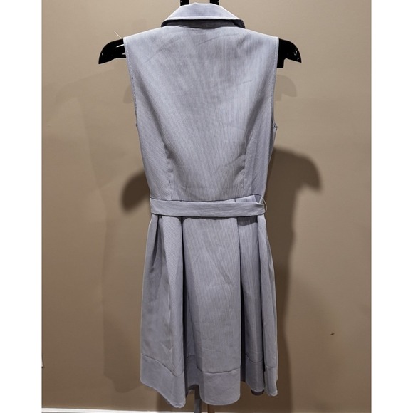 Seersucker Shirt Dress Blue Stripe Sleeveless Belted Preppy Coastal Summer Sz 6 - Picture 3 of 11